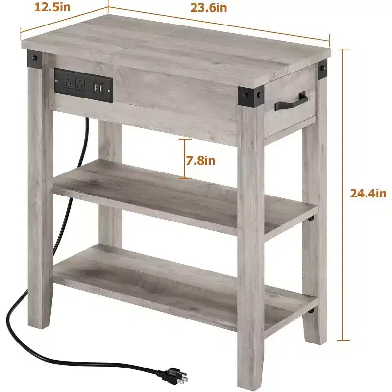 Tavolino da Divano con Stazione di Ricarica, Tavolino Laterale Ribaltabile con Porte USB e Prese di Corrente, Tavolino da Letto con Ripiani Contenitore per Piccoli Spazi