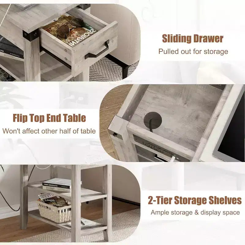 Tavolino da Divano con Stazione di Ricarica, Tavolino Laterale Ribaltabile con Porte USB e Prese di Corrente, Tavolino da Letto con Ripiani Contenitore per Piccoli Spazi