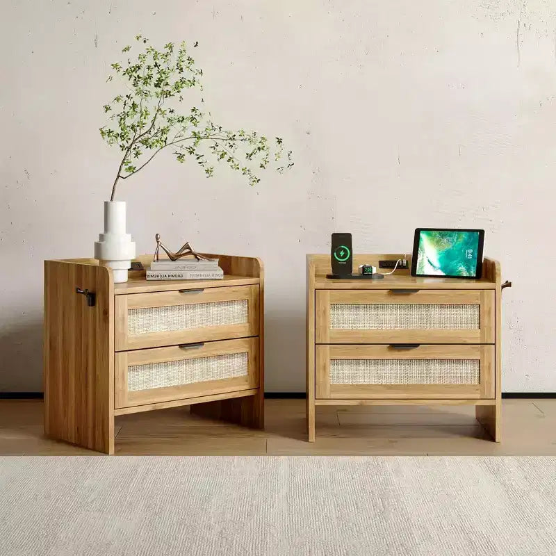 Two-piece rattan bedside table set, nightstand with charging station - 2 storage drawers, Bohemian style bedroom, living room, office side table