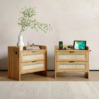 Two-piece rattan bedside table set, nightstand with charging station - 2 storage drawers, Bohemian style bedroom, living room, office side table