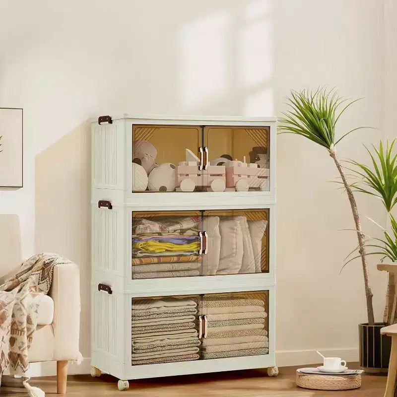 285QT Stackable Storage Box, Plastic Storage Box with Lid, Plastic Drawer with Magnetic Door and Wheels, FoldableSuitable for Home, Dormitory