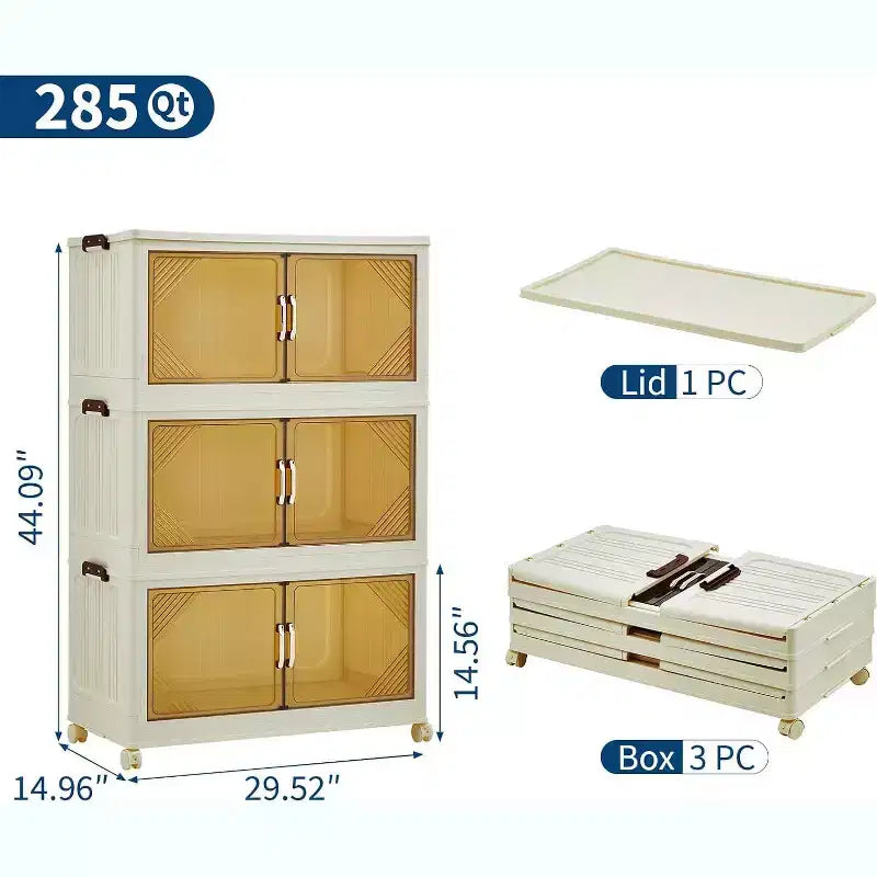 285QT Stackable Storage Box, Plastic Storage Box with Lid, Plastic Drawer with Magnetic Door and Wheels, FoldableSuitable for Home, Dormitory