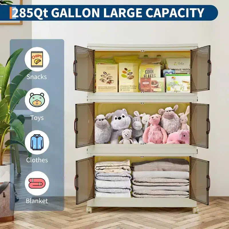 285QT Stackable Storage Box, Plastic Storage Box with Lid, Plastic Drawer with Magnetic Door and Wheels, FoldableSuitable for Home, Dormitory