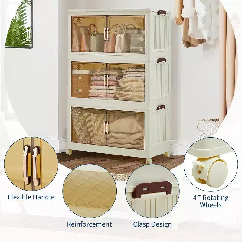 285QT Scatola Portaoggetti Impilabile, Scatola Portaoggetti in Plastica con Coperchio, Cassetto in Plastica con Sportello Magnetico e Ruote, Pieghevole Adatta per Casa, Dormitorio