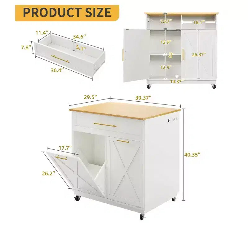 Isola Cucina Mobile con Armadietto per Pattumiera a Doppio Ribaltamento e Stazione di Ricarica Carrello Utensili con Cassetto per Cucina (Pattumiera non inclusa)