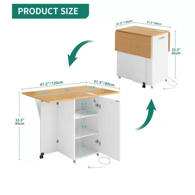 Carrello da Cucina su Ruote con Prese Elettriche e Bancone Colazione Pieghevole, Carrello Portatile con Ampio Armadietto e Cestino per la Spazzatura