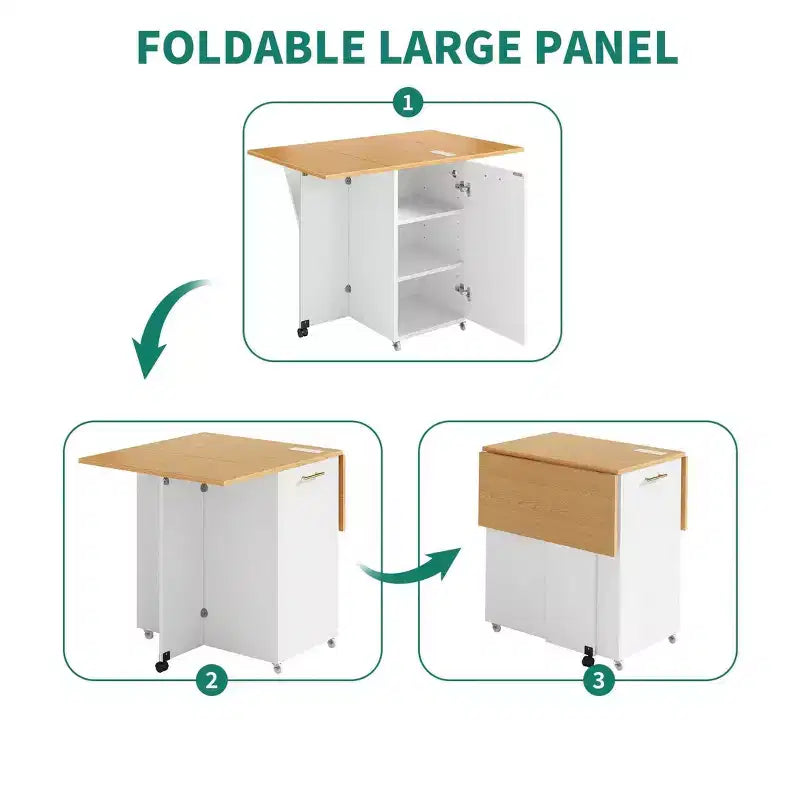 Carrello da Cucina su Ruote con Prese Elettriche e Bancone Colazione Pieghevole, Carrello Portatile con Ampio Armadietto e Cestino per la Spazzatura