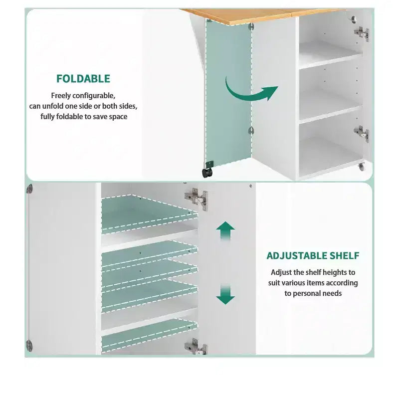 Carrello da Cucina su Ruote con Prese Elettriche e Bancone Colazione Pieghevole, Carrello Portatile con Ampio Armadietto e Cestino per la Spazzatura