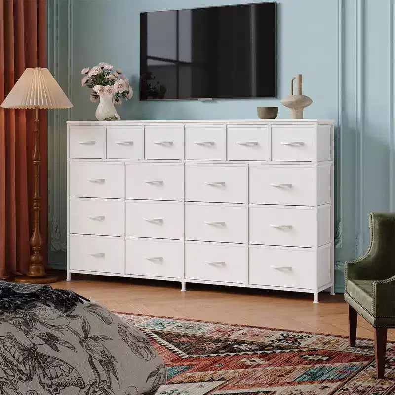 Cassettiera con 18 cassetti in tessuto, Cassettiera in tessuto da 160 cm con stazione di ricarica, Cassettiere robuste e capienti per camera da letto, Piano in legno, Struttura in acciaio