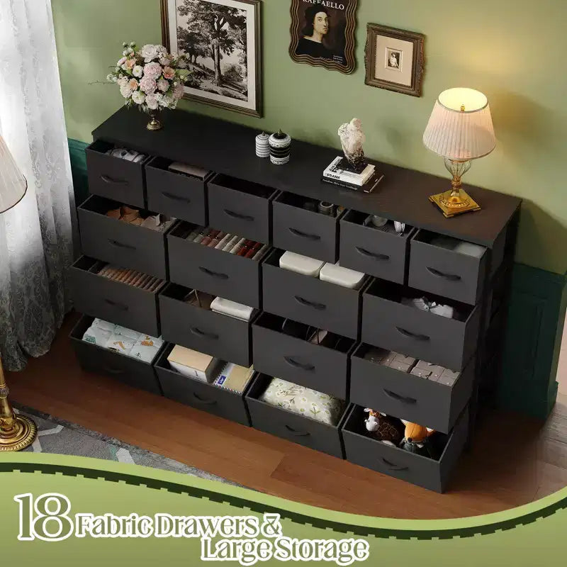Cassettiera con 18 cassetti in tessuto, Cassettiera in tessuto da 160 cm con stazione di ricarica, Cassettiere robuste e capienti per camera da letto, Piano in legno, Struttura in acciaio