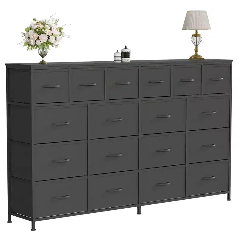 Dresser with 18 Fabric Drawers Dresser,63''W Fabric Dresser with Charging Station, Lager Sturdy Bedroom Dressers,Wood Top , Steel Frame