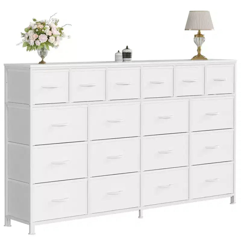 Dresser with 18 Fabric Drawers Dresser,63''W Fabric Dresser with Charging Station, Lager Sturdy Bedroom Dressers,Wood Top , Steel Frame