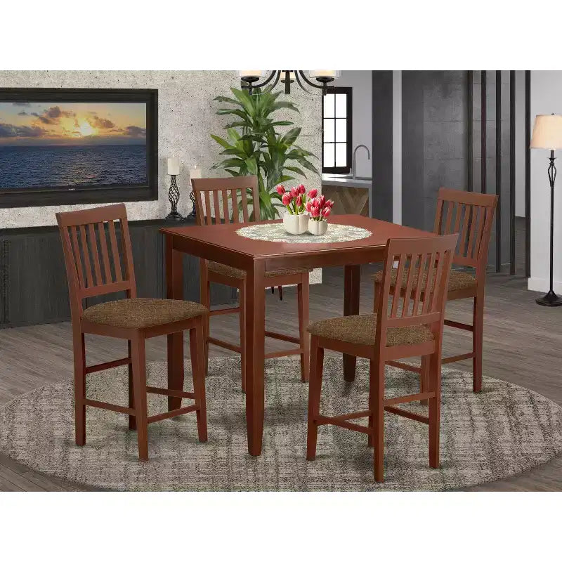 Set da pub altezza bancone - Set da pranzo da 5 pezzi con tavolo e 4 sedie - Finitura moderna in mogano
