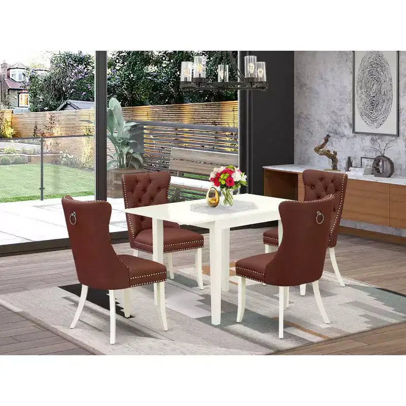 Set da pranzo rettangolare imbottito 5 pezzi con piano in legno massello finitura bianco lino (4 posti)