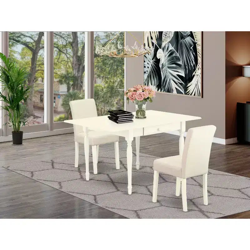 Set da tavolo da pranzo 3 pezzi in legno massello con finitura bianca lino