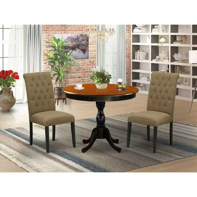 Set da Pranzo Imbottito con Piano in Legno Massello Finitura Nera e Ciliegia da 3 Pezzi - 4 Posti