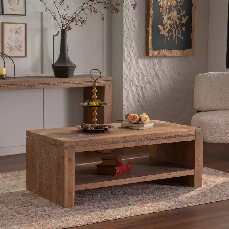 Rectangular Solid Wood Coffee Table with Storage Shelf, 2-Tier Living Room Center Table for Apartments or Offices - Panipeachy