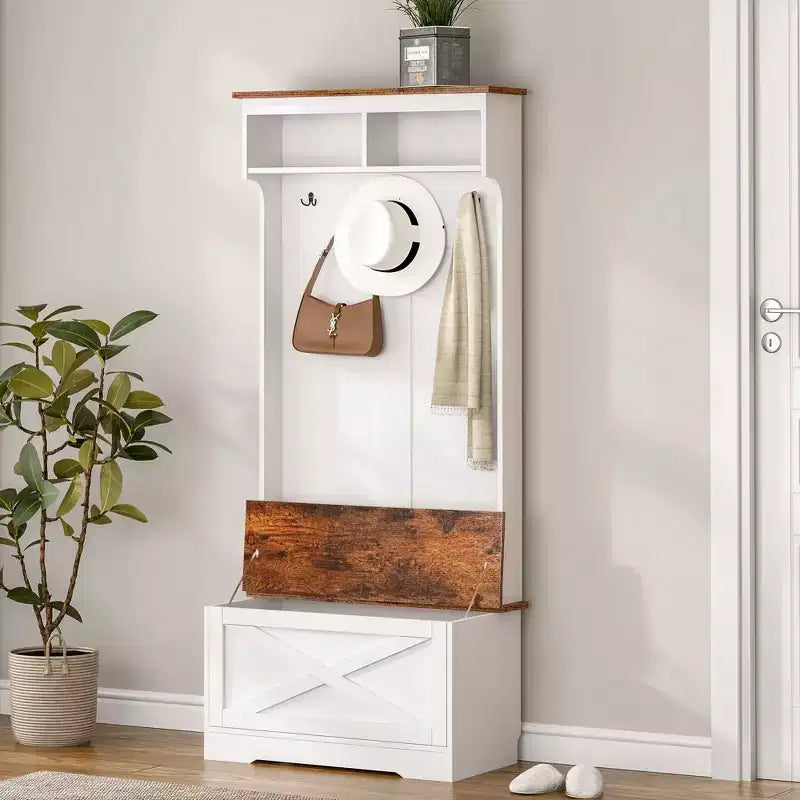Okak Farmhouse Hall Tree with 3 Metal Hooks, Coat Tree with Shoe Bench and Large Cabinet, Coat Rack for Living Room, Bedroom, White