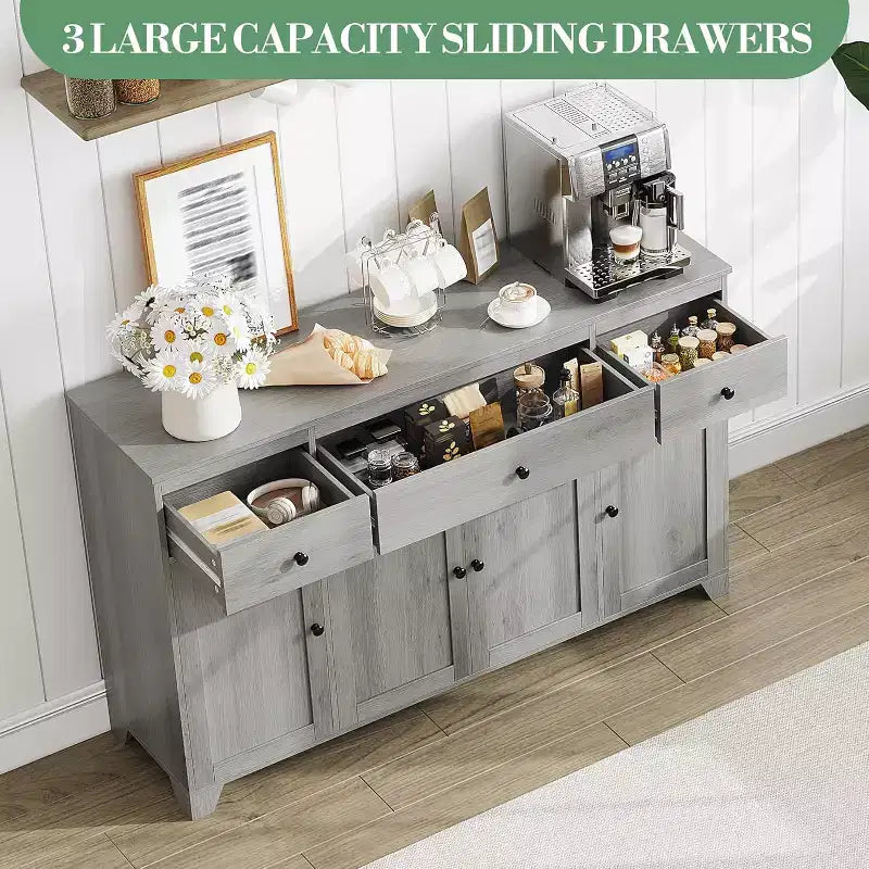 Mobile credenza buffet grande 55 pollici, mobile bar da cucina moderno in legno con 4 ante, 3 cassetti e ripiani regolabili per sala da pranzo cucina