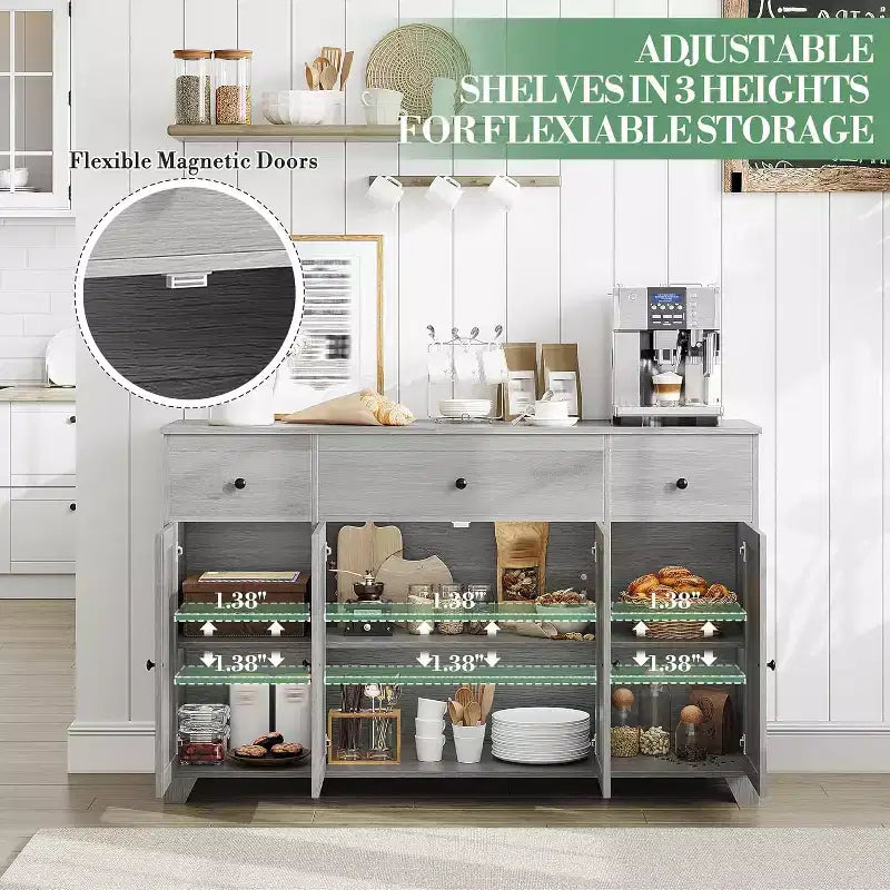 Mobile credenza buffet grande 55 pollici, mobile bar da cucina moderno in legno con 4 ante, 3 cassetti e ripiani regolabili per sala da pranzo cucina