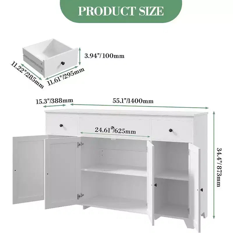 Mobile credenza buffet grande 55 pollici, mobile bar da cucina moderno in legno con 4 ante, 3 cassetti e ripiani regolabili per sala da pranzo cucina