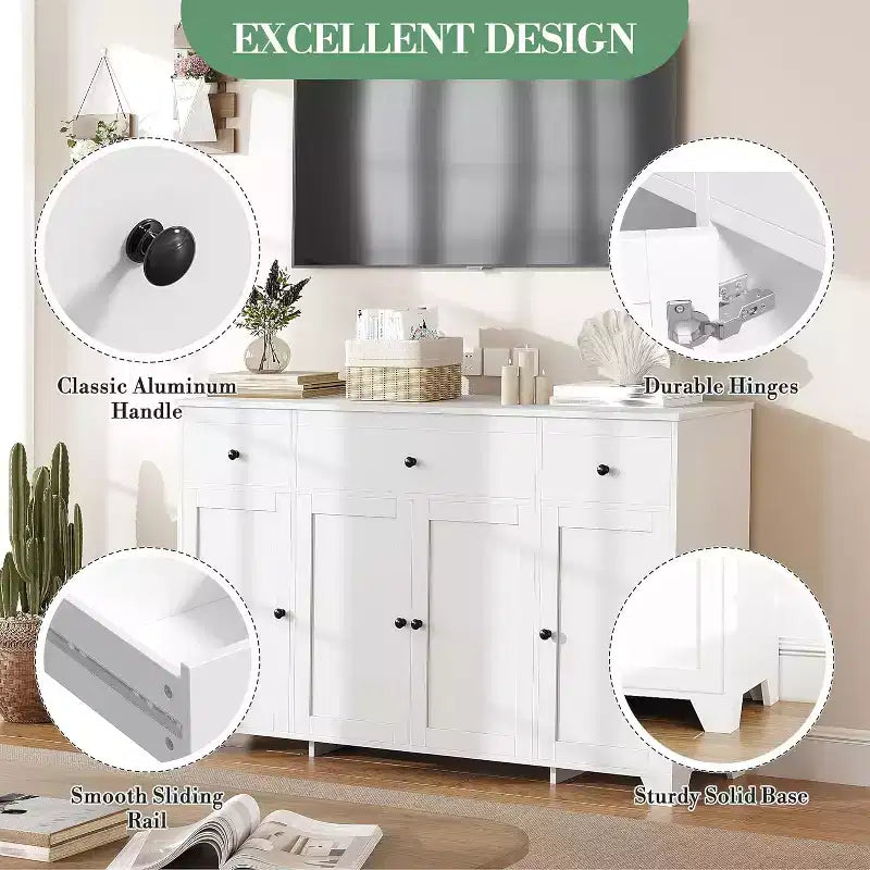 Mobile credenza buffet grande 55 pollici, mobile bar da cucina moderno in legno con 4 ante, 3 cassetti e ripiani regolabili per sala da pranzo cucina