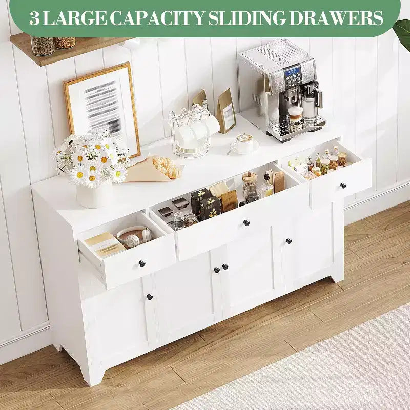 Mobile credenza buffet grande 55 pollici, mobile bar da cucina moderno in legno con 4 ante, 3 cassetti e ripiani regolabili per sala da pranzo cucina