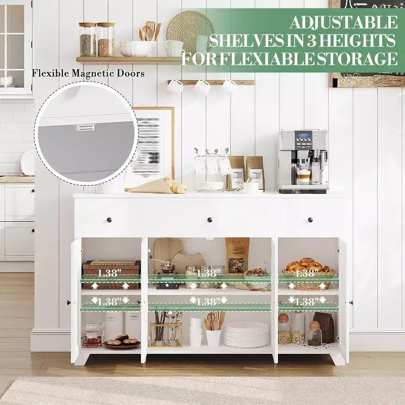 Mobile credenza buffet grande 55 pollici, mobile bar da cucina moderno in legno con 4 ante, 3 cassetti e ripiani regolabili per sala da pranzo cucina