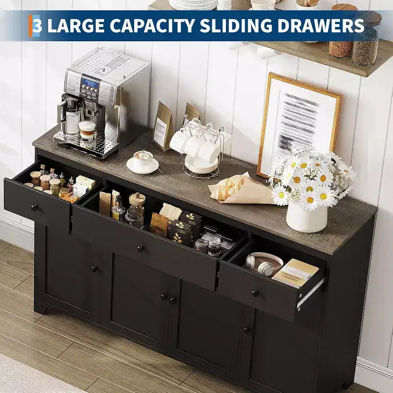 Mobile credenza buffet grande 55 pollici, mobile bar da cucina moderno in legno con 4 ante, 3 cassetti e ripiani regolabili per sala da pranzo cucina