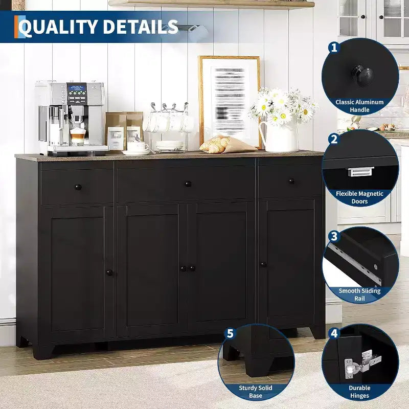 Mobile credenza buffet grande 55 pollici, mobile bar da cucina moderno in legno con 4 ante, 3 cassetti e ripiani regolabili per sala da pranzo cucina