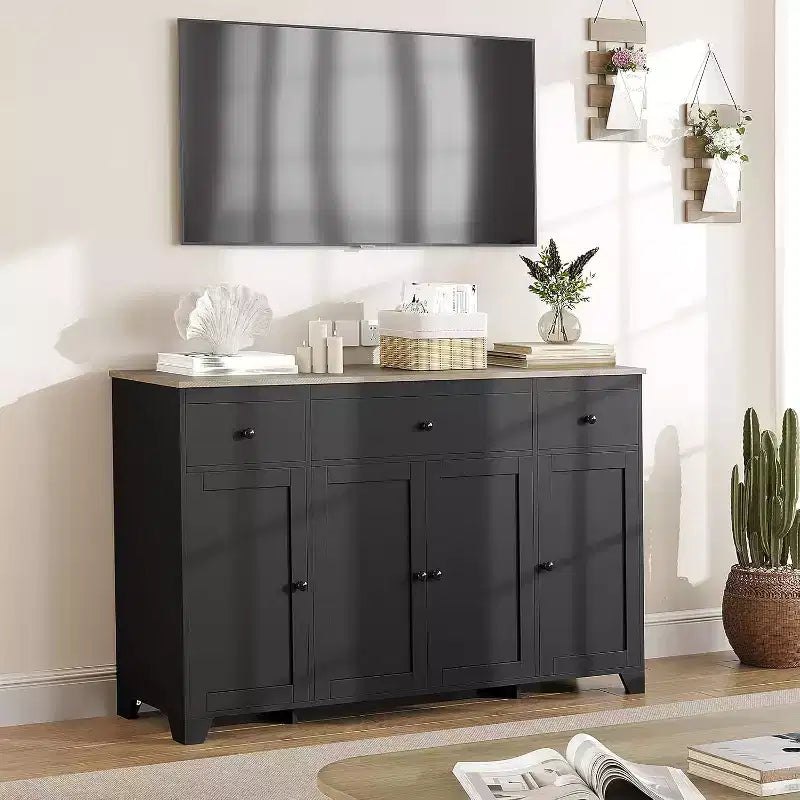 Mobile credenza buffet grande 55 pollici, mobile bar da cucina moderno in legno con 4 ante, 3 cassetti e ripiani regolabili per sala da pranzo cucina