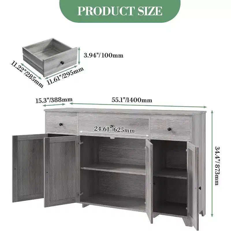Mobile credenza buffet grande 55 pollici, mobile bar da cucina moderno in legno con 4 ante, 3 cassetti e ripiani regolabili per sala da pranzo cucina