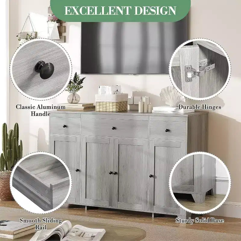 Mobile credenza buffet grande 55 pollici, mobile bar da cucina moderno in legno con 4 ante, 3 cassetti e ripiani regolabili per sala da pranzo cucina