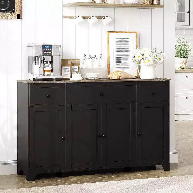55in Large Sideboard Buffet Cabinet, Modern Wood Kitchen Coffee Bar with 4 Doors, 3 Drawers and Adjustable Shelves for Kitchen Dining Room