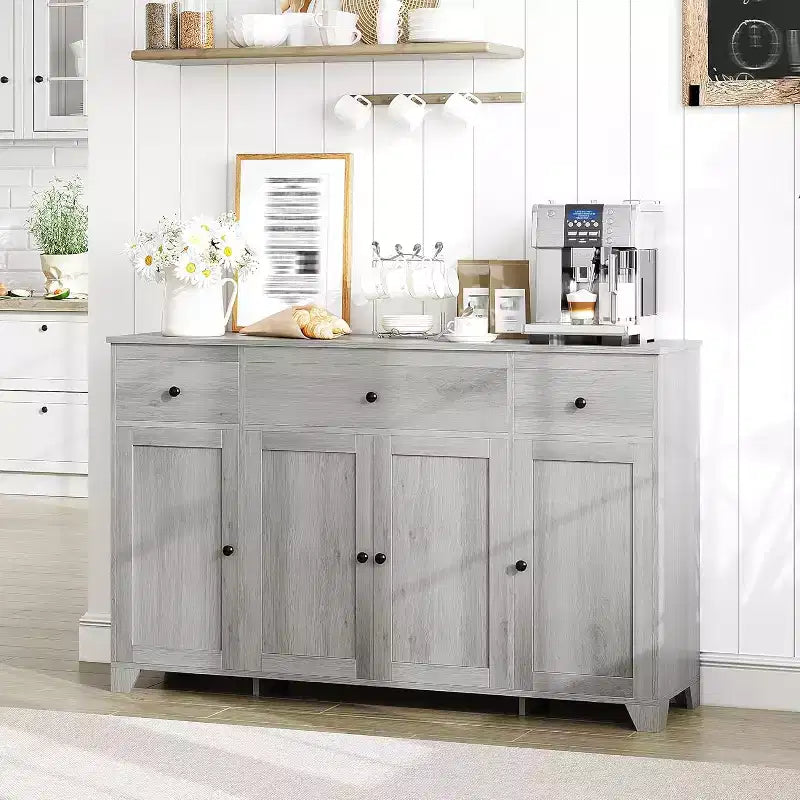 55in Large Sideboard Buffet Cabinet, Modern Wood Kitchen Coffee Bar with 4 Doors, 3 Drawers and Adjustable Shelves for Kitchen Dining Room