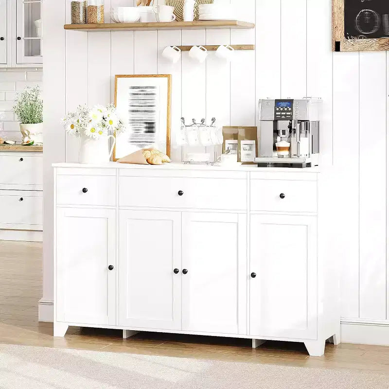 55in Large Sideboard Buffet Cabinet, Modern Wood Kitchen Coffee Bar with 4 Doors, 3 Drawers and Adjustable Shelves for Kitchen Dining Room