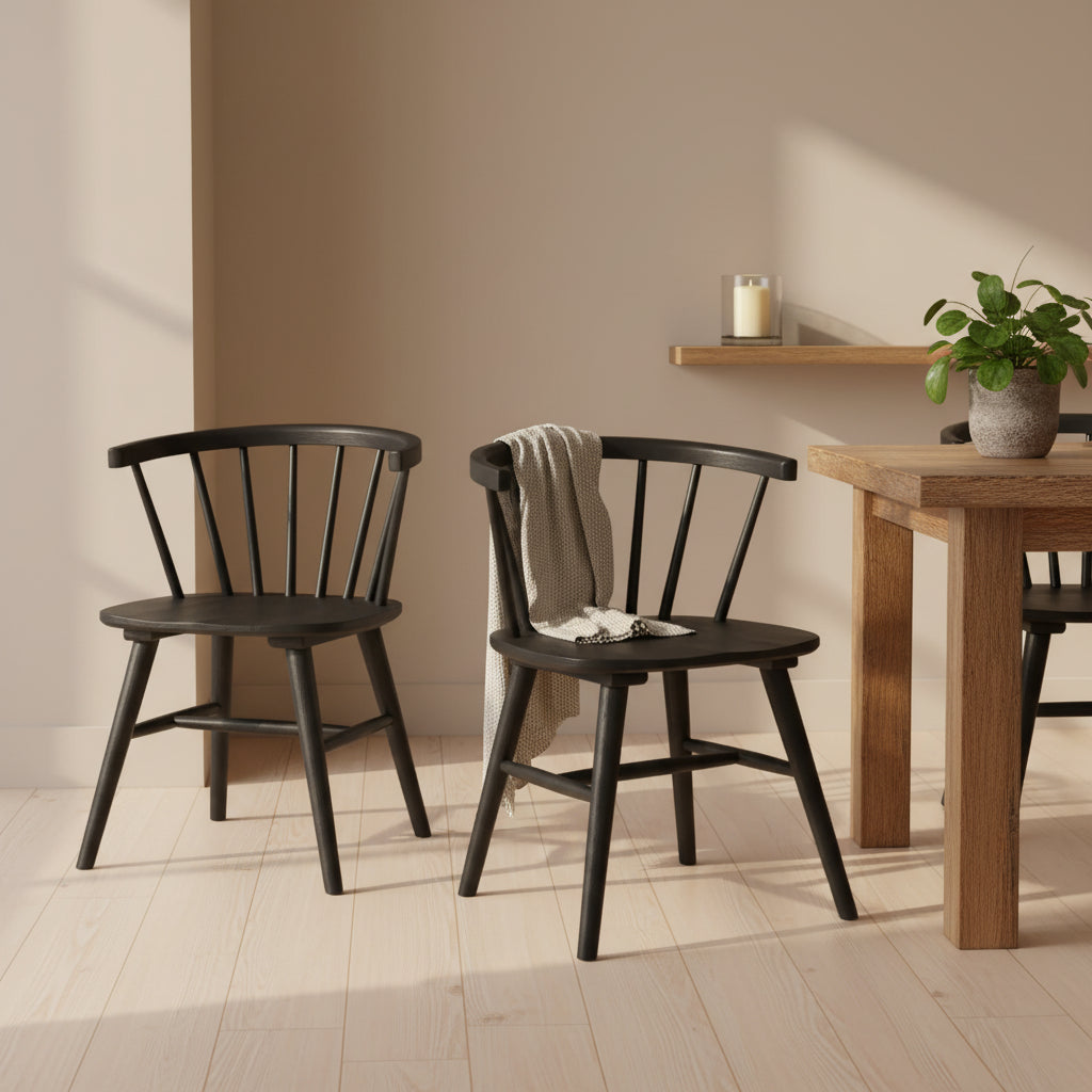 Royal Hampton Side Dining Chair Set of 2, Spindle Back, Shaker Legs, Black Rubberwood