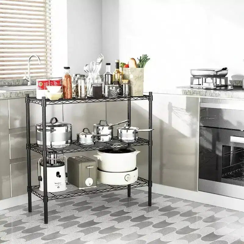 3 - Ripiani portaoggetti in filo metallico Resistente 3 ripiani Unità di scaffalatura a terra Organizer in metallo regolabile Scaffale in filo metallico Nero