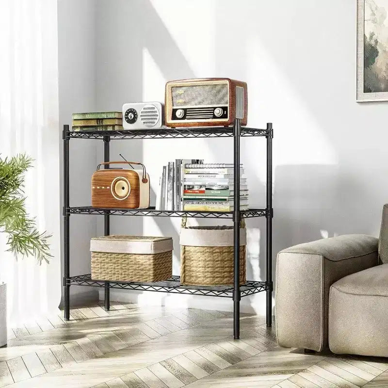 3 - Ripiani portaoggetti in filo metallico Resistente 3 ripiani Unità di scaffalatura a terra Organizer in metallo regolabile Scaffale in filo metallico Nero