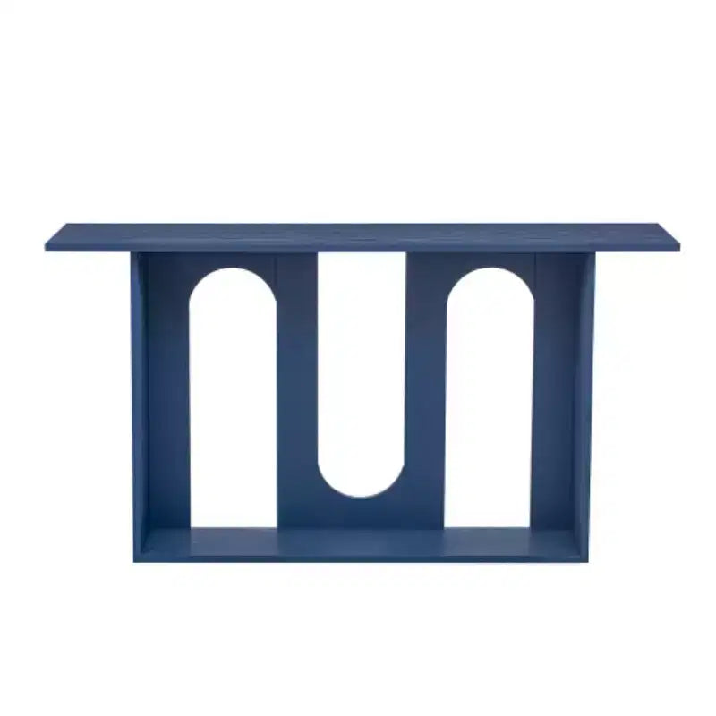 Consolle dal design curvo moderno blu con ripiano aperto, consolle eleganti per ingresso o soggiorno, come mobile contenitore o espositivo