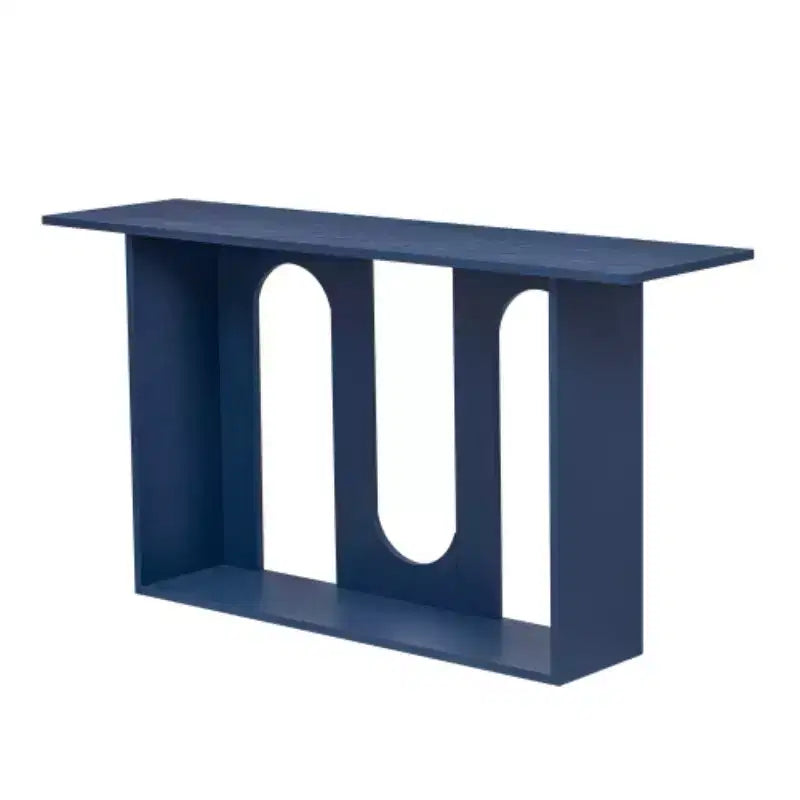 Consolle dal design curvo moderno blu con ripiano aperto, consolle eleganti per ingresso o soggiorno, come mobile contenitore o espositivo