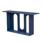 Consolle dal design curvo moderno blu con ripiano aperto, consolle eleganti per ingresso o soggiorno, come mobile contenitore o espositivo