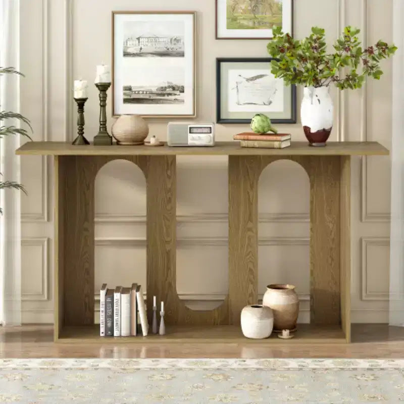 Consolle dal design curvo moderno blu con ripiano aperto, consolle eleganti per ingresso o soggiorno, come mobile contenitore o espositivo