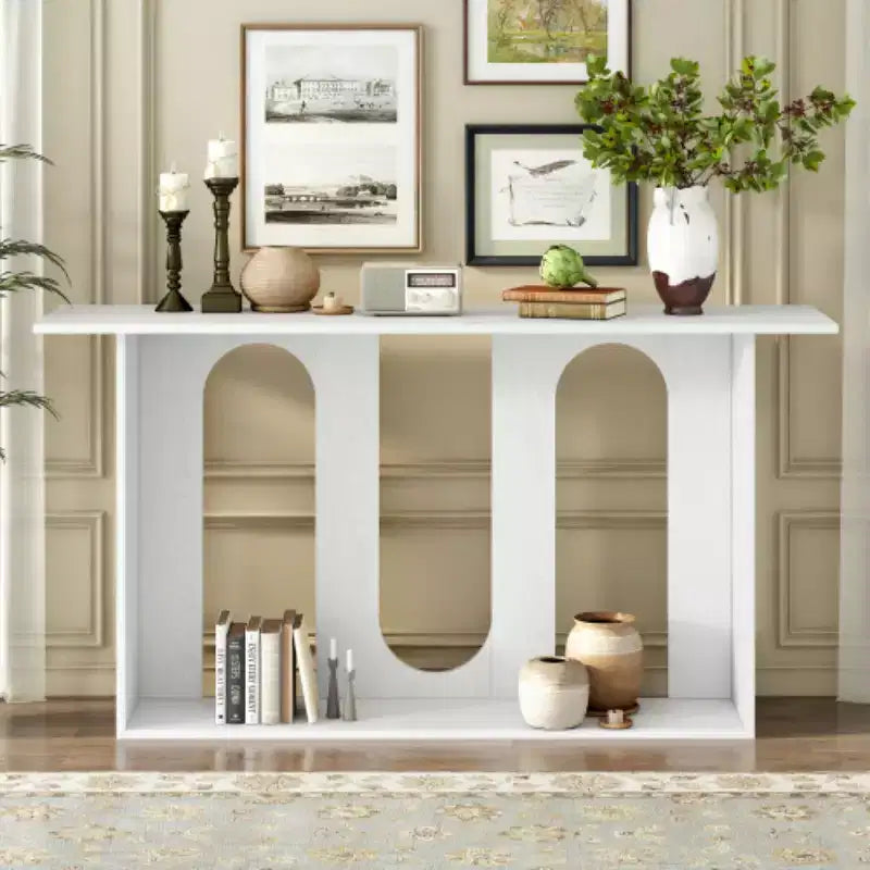 Consolle dal design curvo moderno blu con ripiano aperto, consolle eleganti per ingresso o soggiorno, come mobile contenitore o espositivo