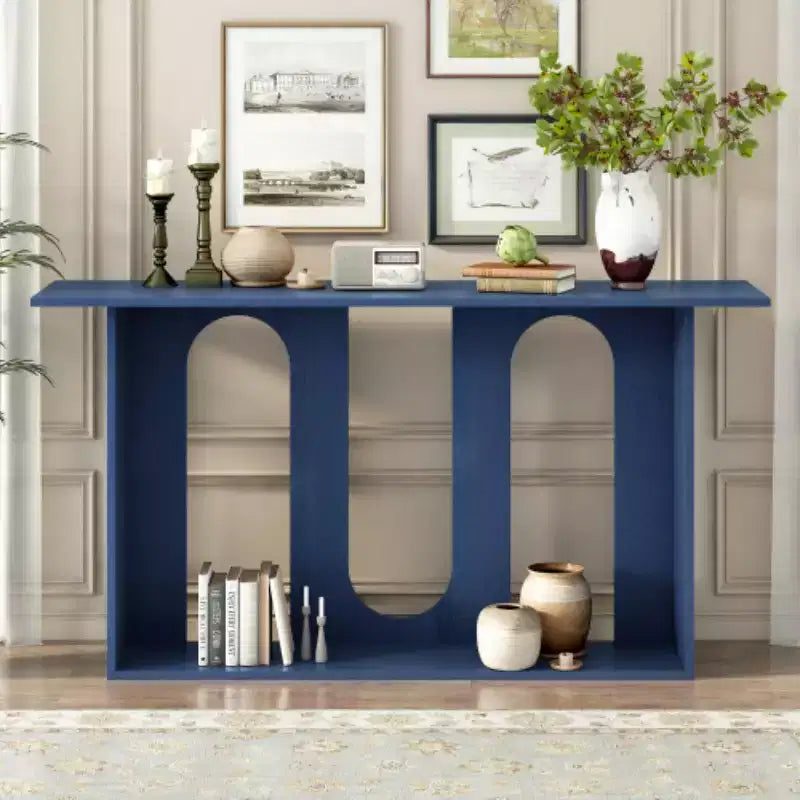 Consolle dal design curvo moderno blu con ripiano aperto, consolle eleganti per ingresso o soggiorno, come mobile contenitore o espositivo