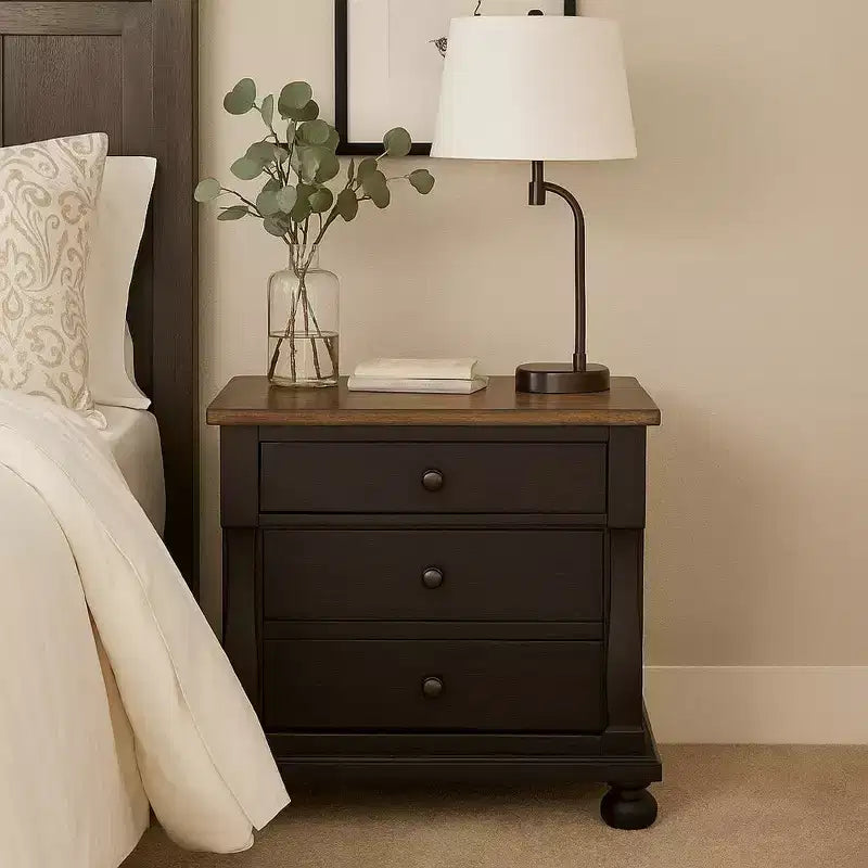 Royal Hampton Nightstand with 2 USB Ports, 3 Drawers, Black Rustic Oak Brown