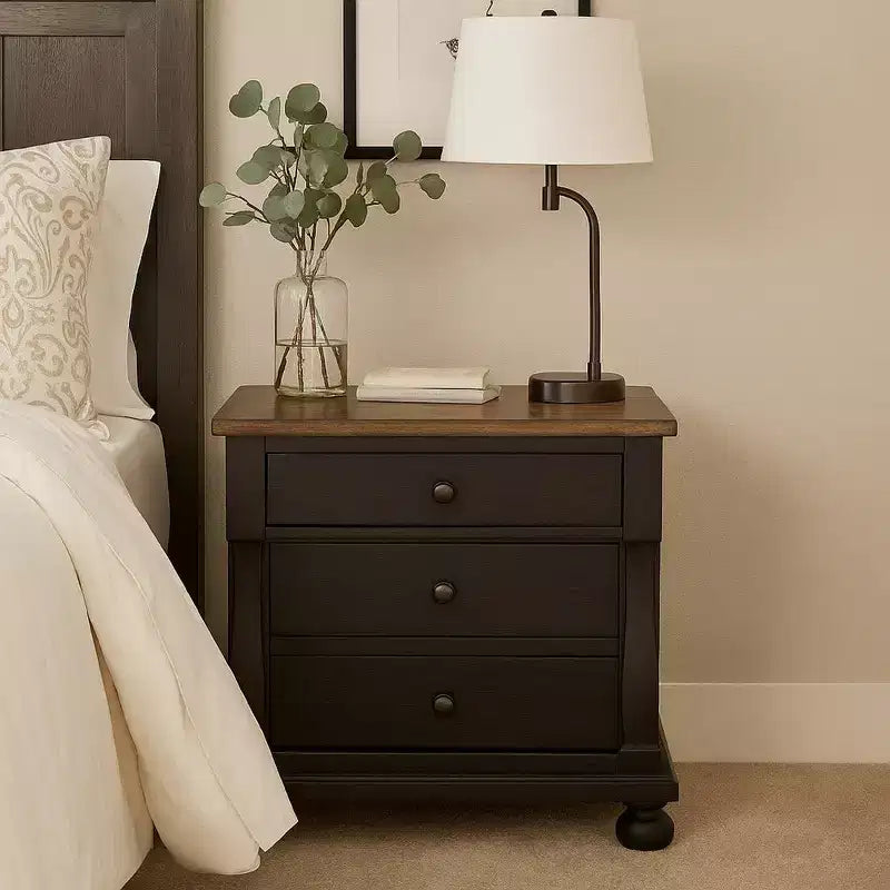 Comodino con 2 porte USB, 3 cassetti, rovere marrone rustico nero