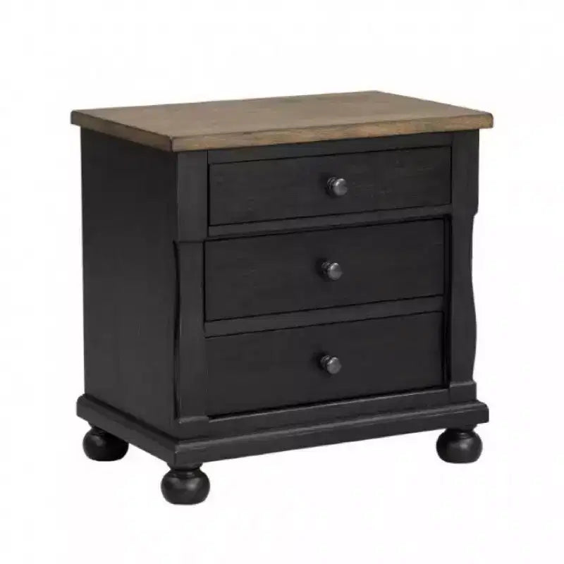 Comodino con 2 porte USB, 3 cassetti, rovere marrone rustico nero