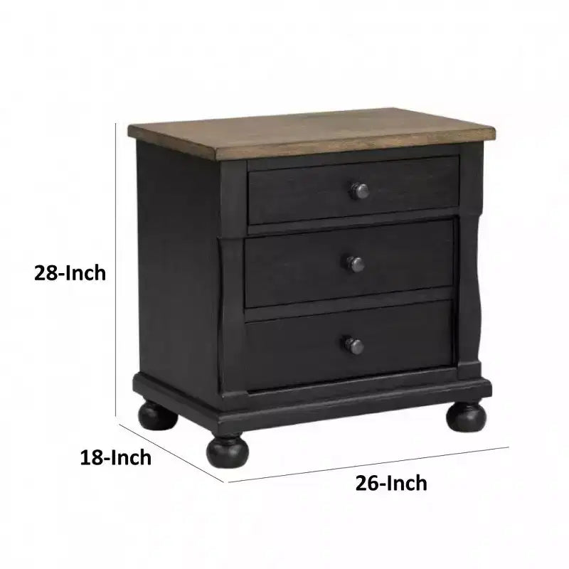 Comodino con 2 porte USB, 3 cassetti, rovere marrone rustico nero