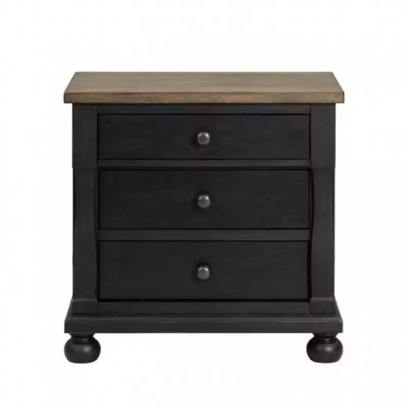 Comodino con 2 porte USB, 3 cassetti, rovere marrone rustico nero